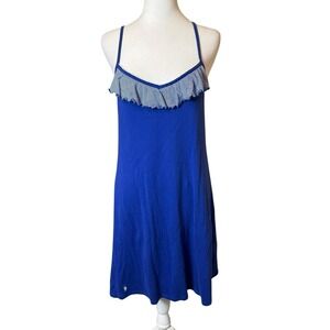 Ralph Lauren Blue White Gown Sleepwear Large Ruffle Neck Y2K‎ Logo Preppy Lounge